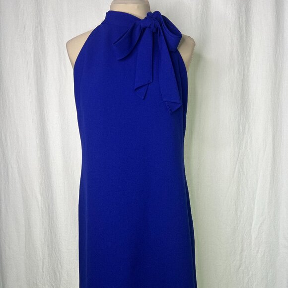VINCE CAMUTO Cobalt Blue Kors Crepe Sleeveless Dress Halter Top Bow Neck Size 14 - Picture 1 of 6